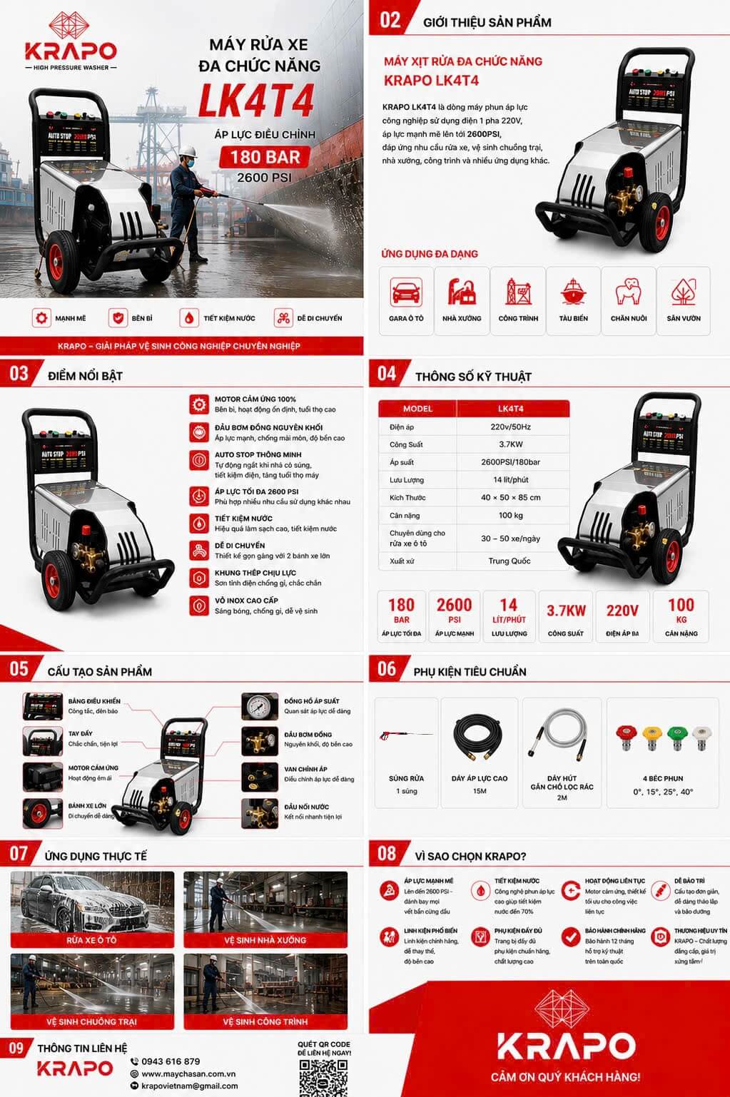 Máy xịt rửa đa năng Krapo LK-4T4 Máy phun áp lực KRAPO LK 4T4 chính hãng công suất cao 4KW