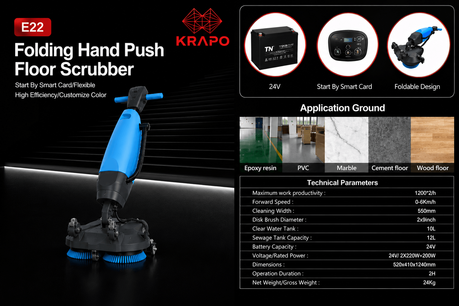 Máy chà sàn liên hợp mini Krapo ( Dùng Pin ) Krapo E22 là máy chà sàn liên hợp mini gấp gọn, làm sạch hiệu quả 1200m²/h, bình nước sạch 10L, vận hành linh hoạt trên sàn epoxy, PVC, đá marble và sàn gỗ.
