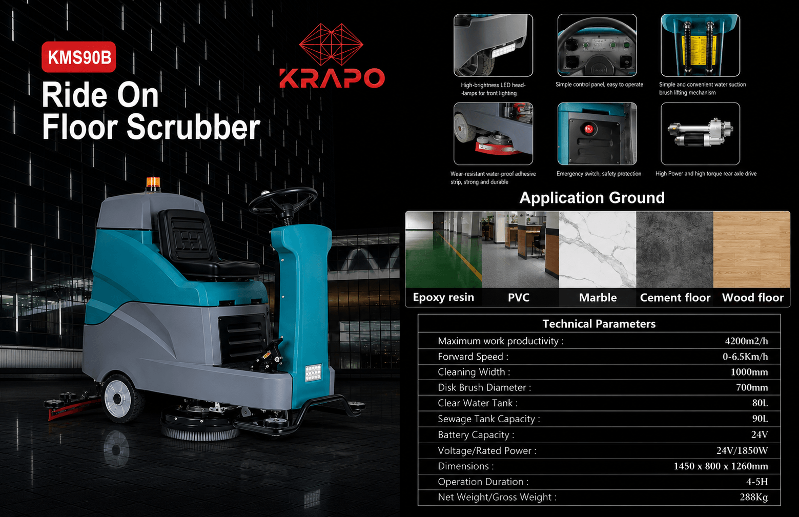 Máy lau sàn liên hợp ngồi lái Krapo KMS 90B Cận cảnh khu vực khoang lái của Krapo KMS90B bao gồm vô lăng điều khiển vừa vặn, bàn đạp chân ga nhạy bén và bảng điều khiển trực quan với các nút bấm cơ học rõ ràng, dễ vận hành.
