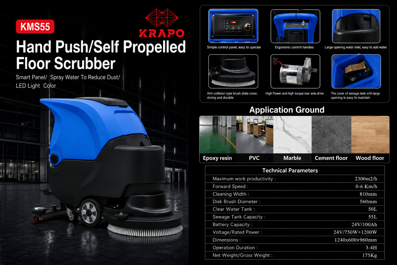 Máy chà sàn công nghiệp Krapo KMS55 (Dùng PIN) Krapo KMS55 là máy chà sàn công nghiệp tự hành công suất lớn, hiệu suất 2300m²/h, bình nước sạch 50L và nước bẩn 55L, phù hợp nhà máy và trung tâm thương mại.