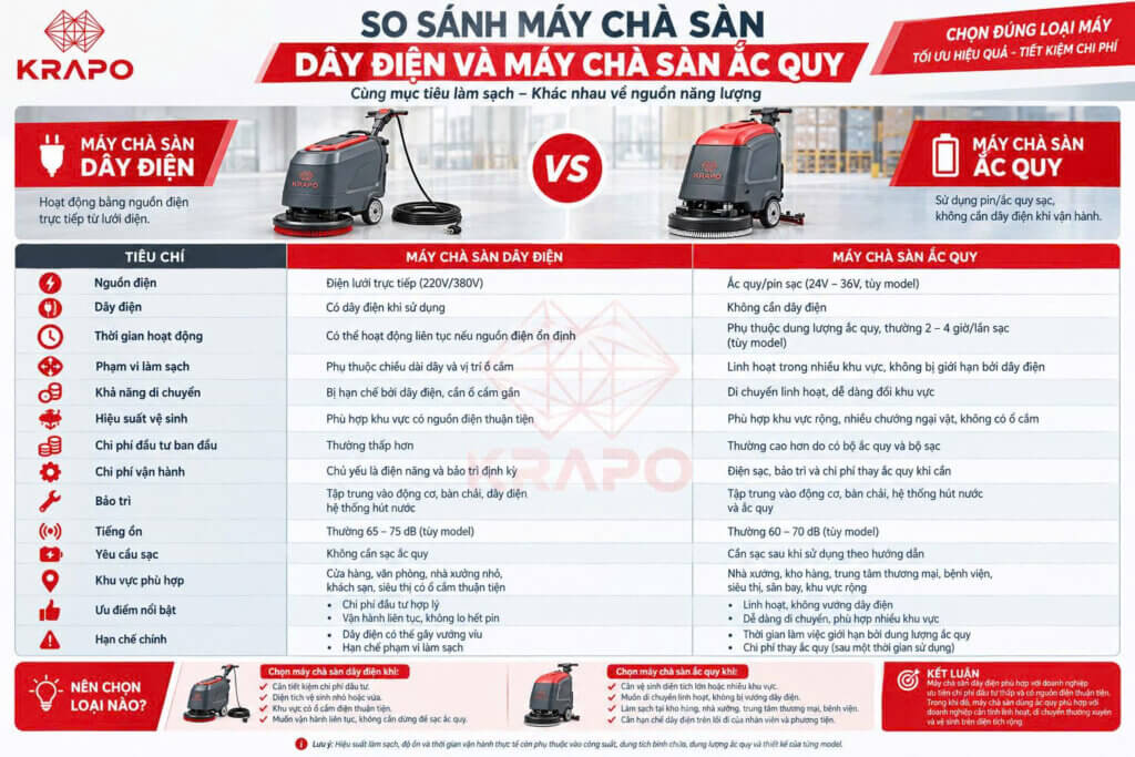 Bảng so sánh máy chà sàn liên hợp dùng dây điện và máy chà sàn liên hợp dùng ắc quy