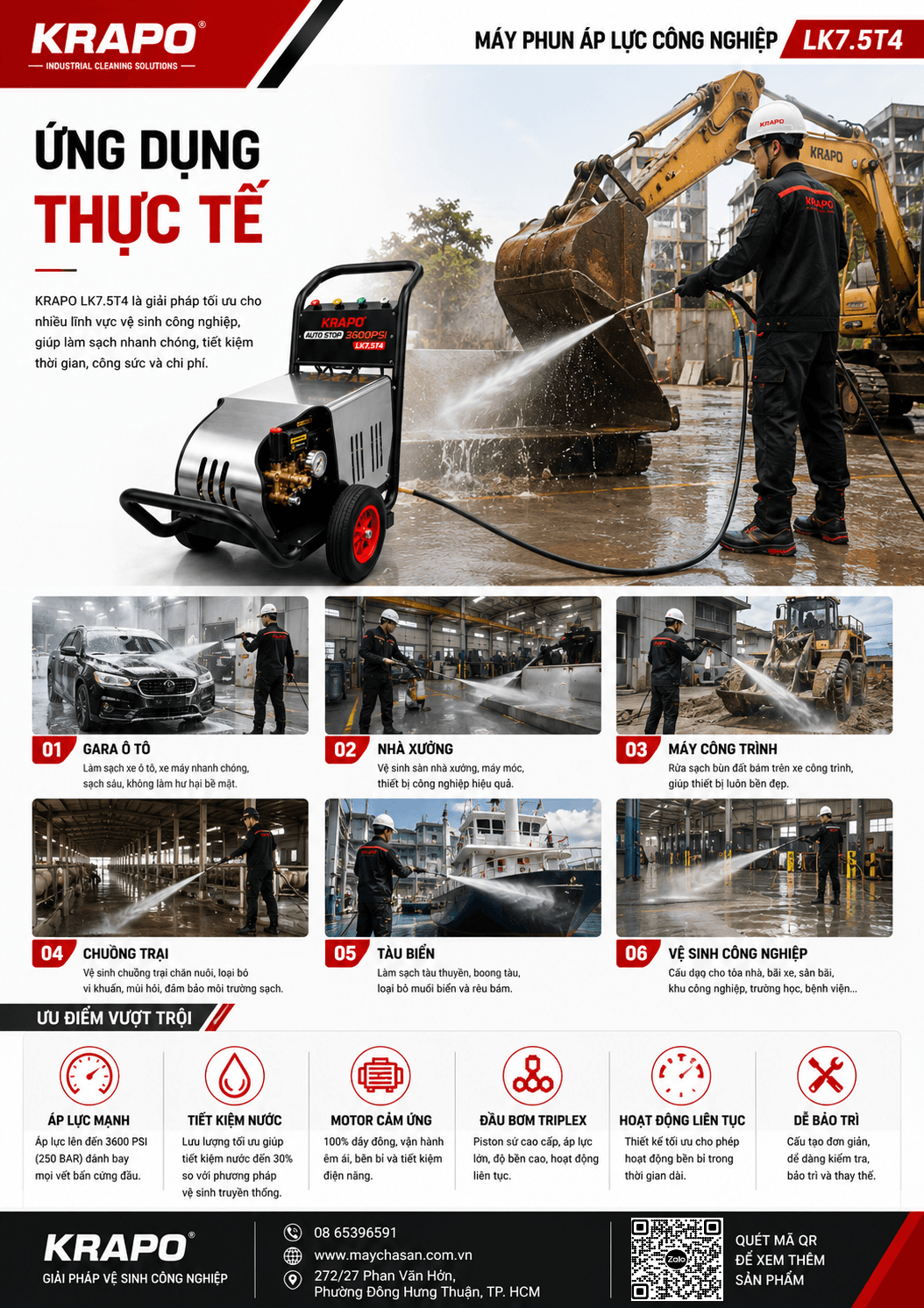 Máy xịt rửa đa chức năng Krapo LK-7.5T4 Máy xịt rửa đa chức năng Krapo LK-7.5T4 vệ sinh nhà xưởng rửa xe và tàu thuyền